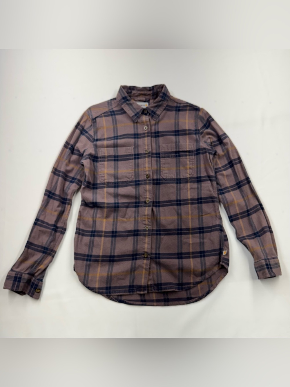Carhartt M 8/10 Plaid Flannel Shirt Kids Long Sleeve Button Up Mauve Navy